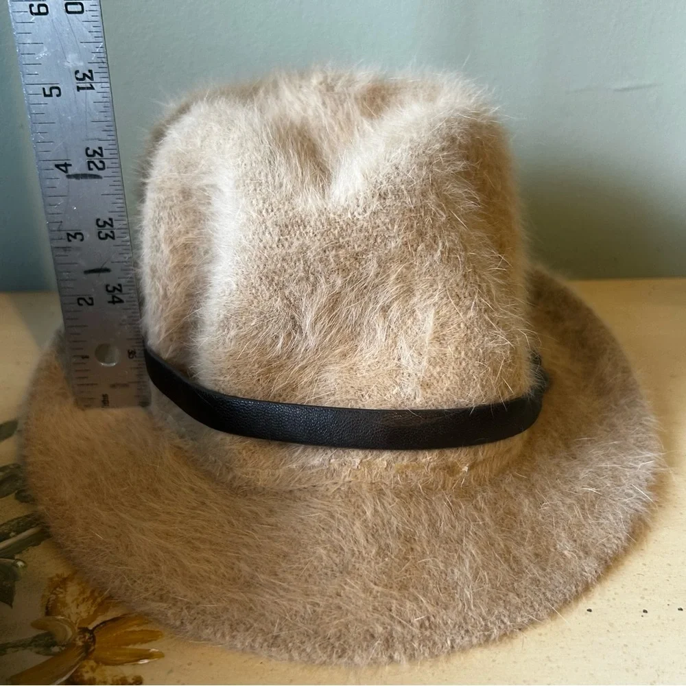 Vintage Juicy Couture Tan Rabbit Fur Mix Brown Leather Strap Fedora Hat